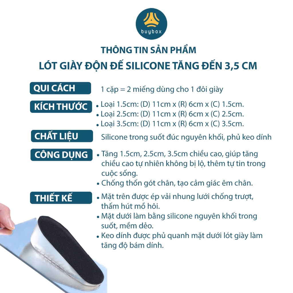 Lót độn đế giày silicone nguyên khối trong suốt, mềm dẻo, chống thốn, tăng 1.5cm, 2.5cm, 3.5cm - buybox - BBPK217