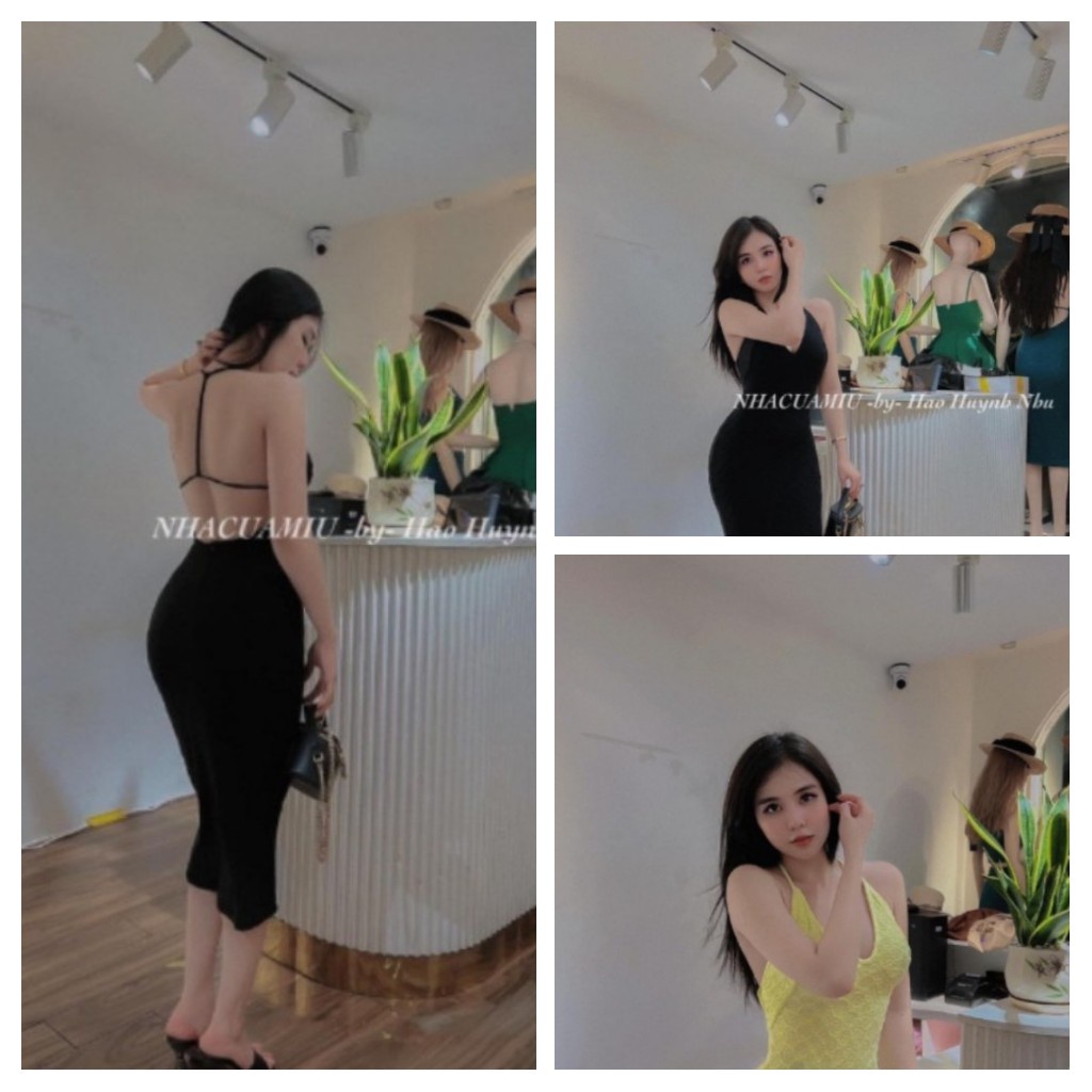 Đầm ôm body hở lưng phối dây chất vải Xốp dày dặn xịn sò cam kết hàng y hình