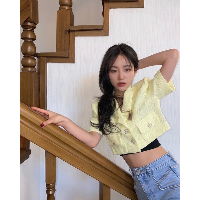 Áo croptop tweed cho nữ dáng ngắn khuy ngọc