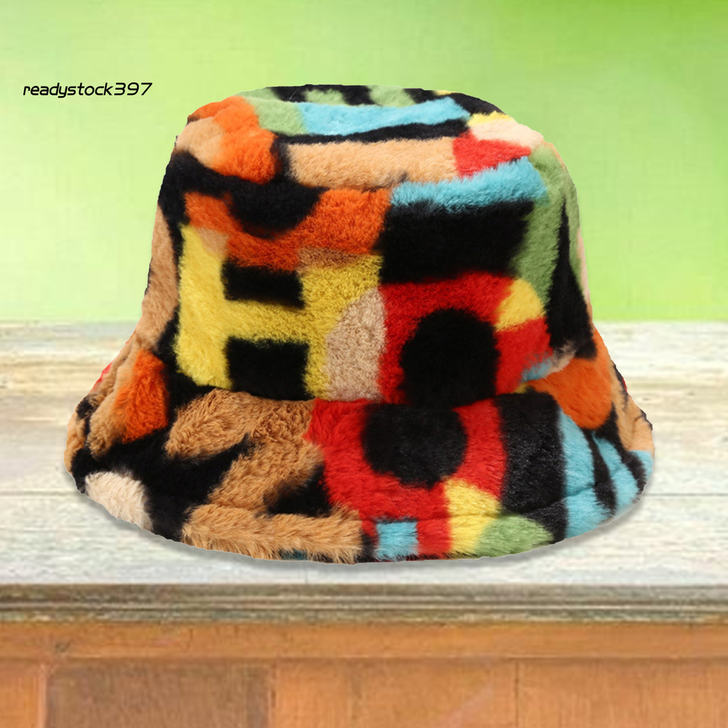 Re Multicolor Number Print Fishman Bucket Basin Hat Winter Outdoor Plush Warm Cap