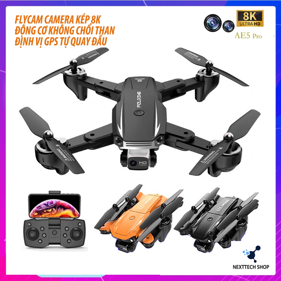 Máy Bay Flycam AE5Pro Camera Kép 8k  Định vị GPS Động cơ không chổi than Cảm biến chống va chạm Tự cân bằng