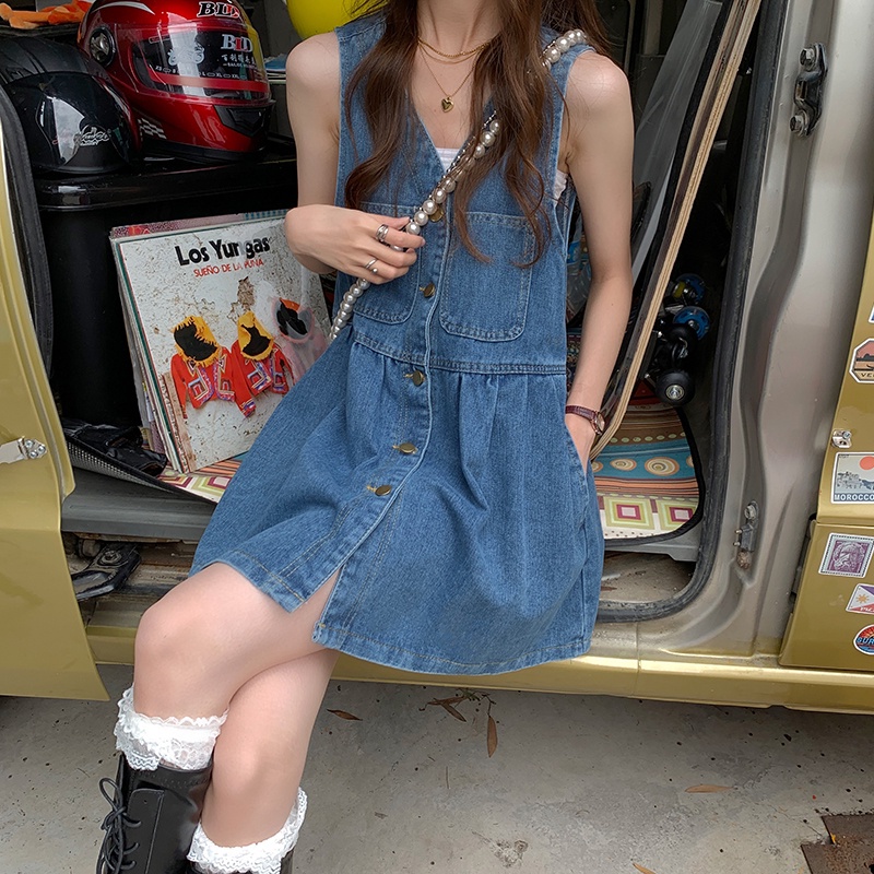 Đầm Denim Sát Nách Cổ Chữ V Dáng Chữ A Phong Cách Retro Mới 44819