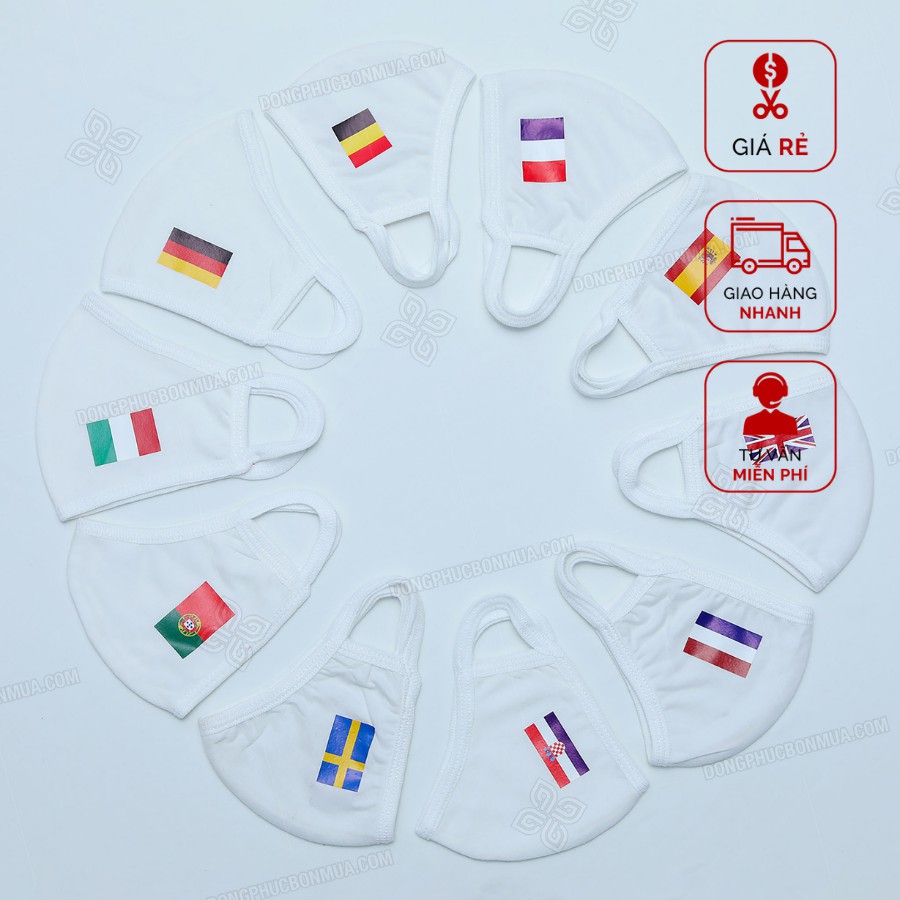 Combo 10 Khẩu Trang Vải Màu Trắng Kháng Khuẩn In Cờ Các Quốc Gia Tham Dự EURO Co Giãn, Bảo Vệ Sức Khỏe Toàn Diện