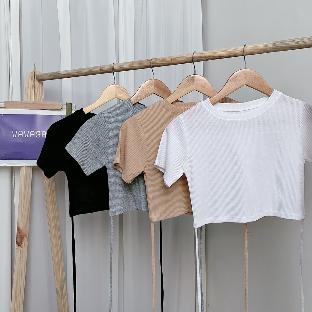 Áo croptop nữ kiểu ôm tay ngắn cổ tròn thun body buộc dây bigsize VAVASA CT14