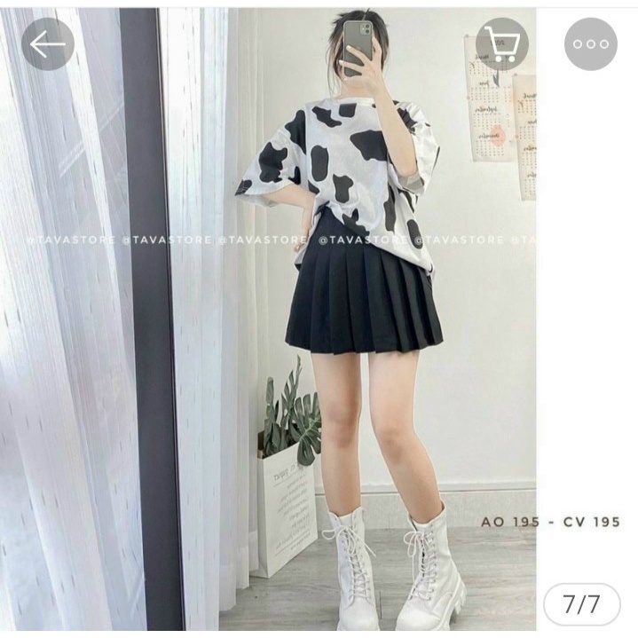 Sét Váy Áo Thun Bò Sữa From Rộng Kết Hợp Chân Váy Tenis Trẻ Trung TTSLA0728