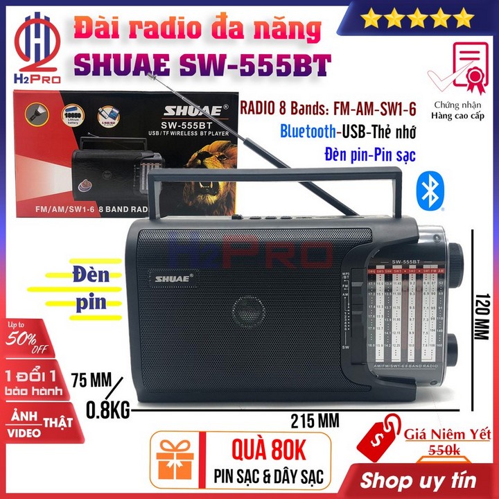 Đài radio đa năng SHUAE SW-555BT H2Pro 8 bands FM-AM-SW1-6, loa bluetooth-USB-Thẻ nhớ-đèn pin (1 chiếc)
