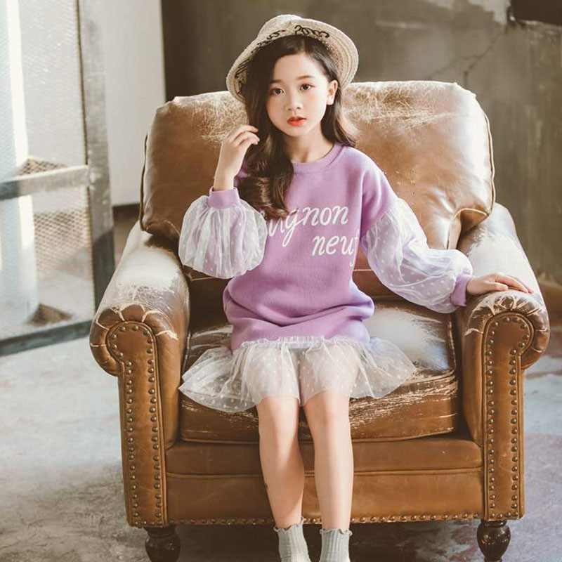 Đầm công chúa dài tay phối lưới phong cách Hàn Quốc dành cho bé gái