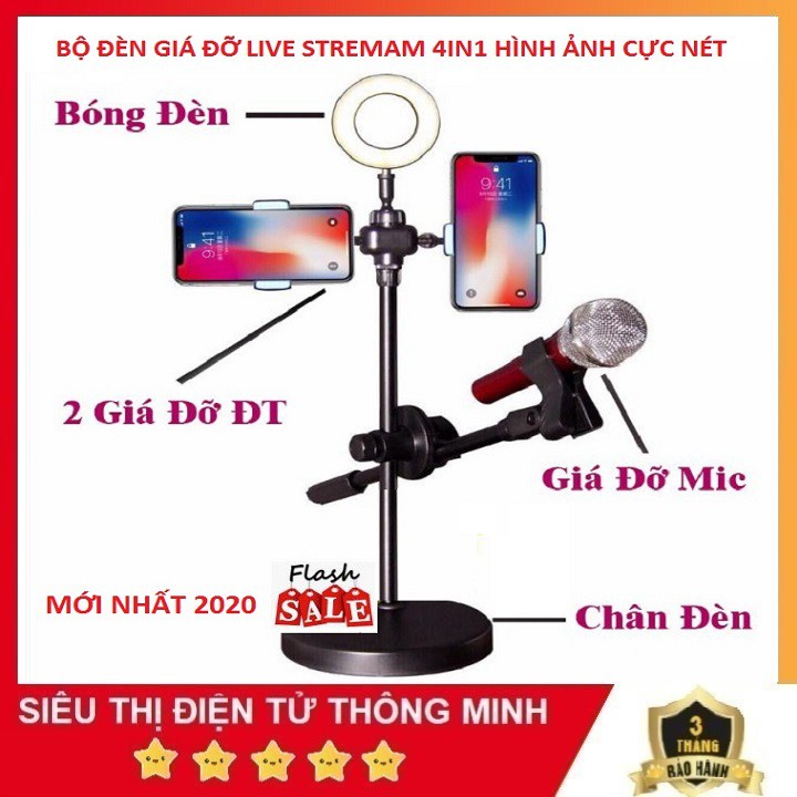 Đèn Live Stream 4in1, Để Bàn Có Chân Đỡ Micro LivesTream Hai Điện Thoại - Bộ Giá Đỡ Điện Thoại Livestream 4in1