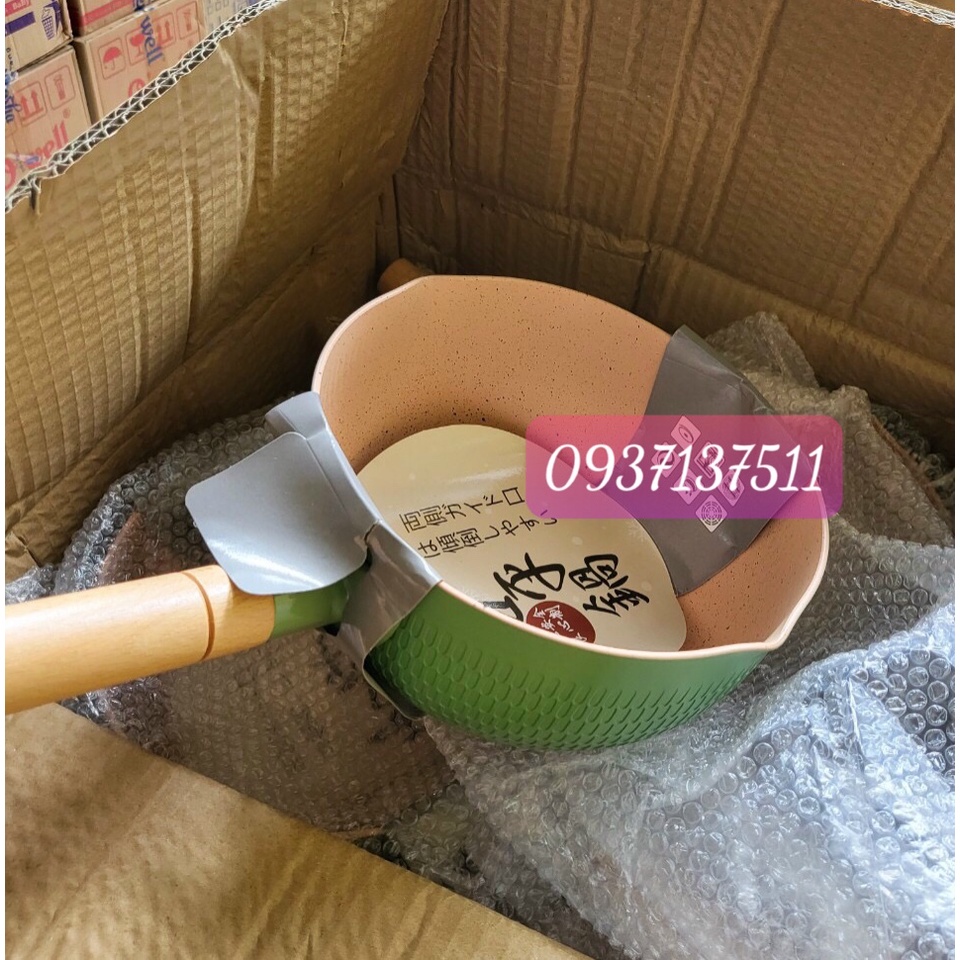 Chảo chống dính Ceramic đáy lòng sâu có tay cầm cán gỗ chống bỏng màu pastel lúa mạch