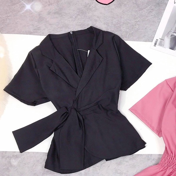 [L2M] Áo sơ mi kiểu nữ peplum CỔ VEST có dây cột nơ eo và chun lưng giấu bụng hiệu quả