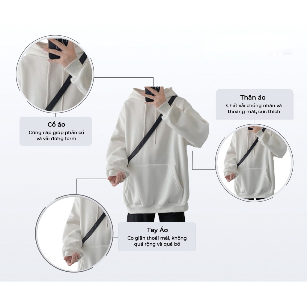 Áo Khoác Hoodie Nam, Nữ Hoodie Basic Unisex Nỉ From Rộng Màu Trắng HDT900