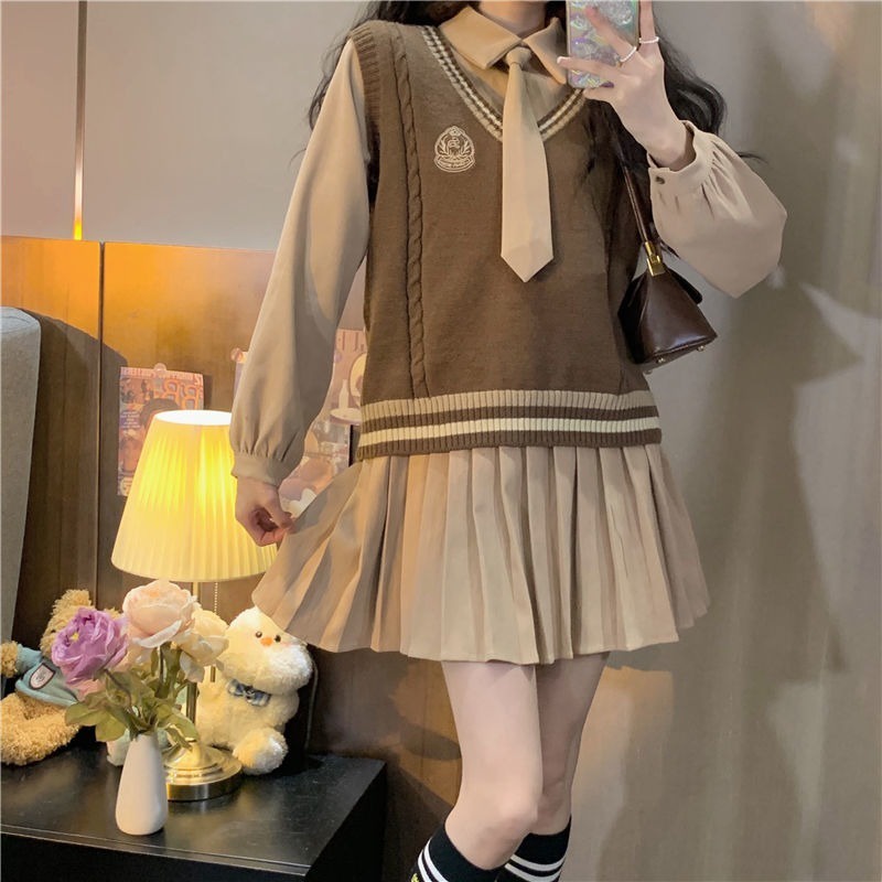 Set Áo Sơ Mi Dài Tay Cổ Chữ V + Đầm Len Dài Tay Cổ Bẻ Thiết Kế Mới Thời Trang Dành Cho Nữ