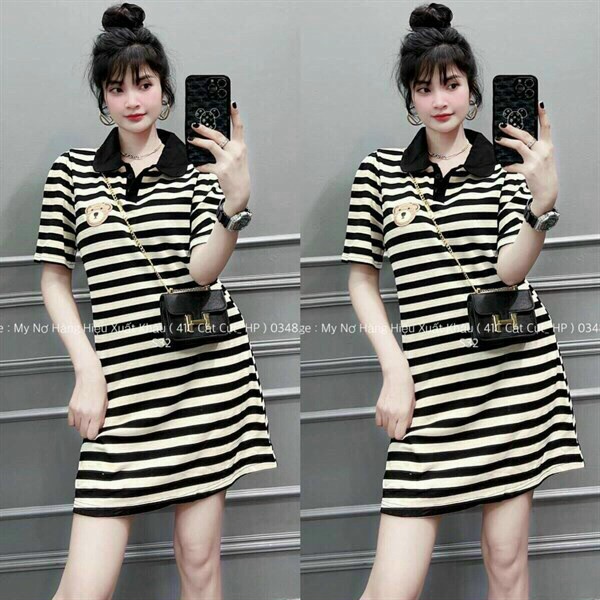 (Sale FreeShip) Đầm nữ from suông,đầm sọc cổ trụ thêu gấu dễ thương,chất thun gân mềm,diện đi đâu cũng xuất sắc
