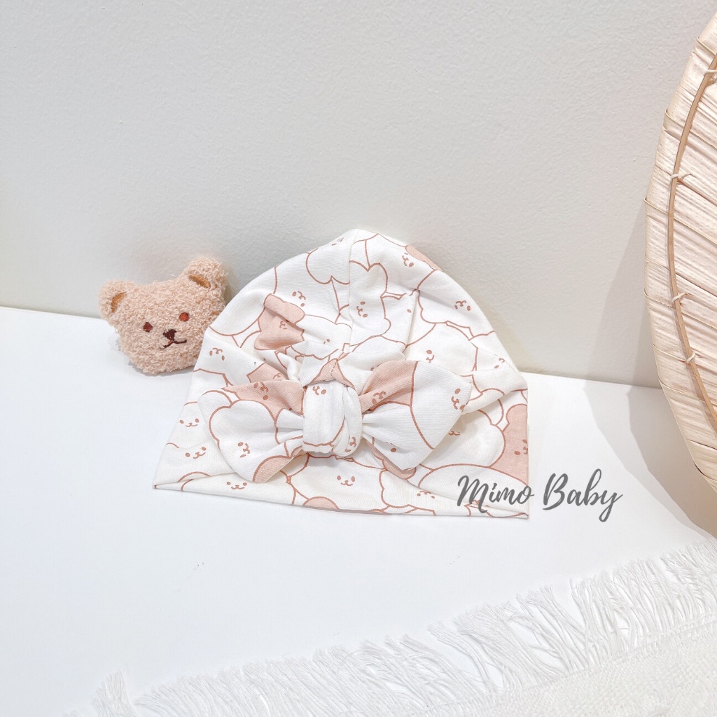 Mũ turban màu kem họa tiết hình gấu cho bé MTB96 Mimo Baby