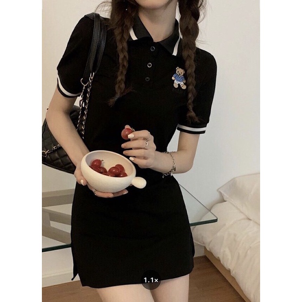Váy Polo Thêu Gấu Dream Hồng Đen Trắng - Đầm Polo Cộc Tay Lỡ Dáng Suông Bear Teddy