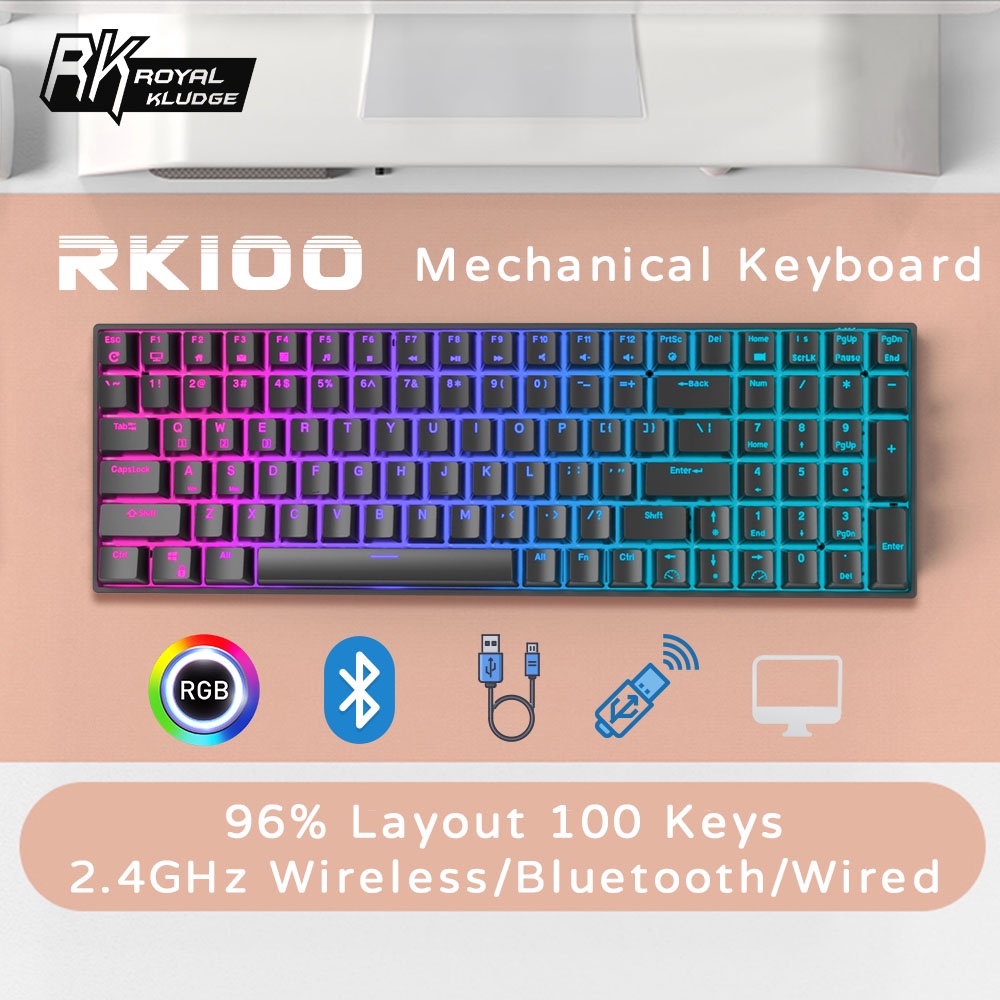 RK100 Bàn phím chơi game cơ màu đen Bàn phím Bluetooth / Không dây 2.4Ghz / Có dây 96% 100 phím RGB Đèn nền nóng có thể hoán đổi màu đỏ / nâu / xanh lam Bàn phím chuyển đổi công thái học Mechanical Gaming Keyboard Red/Brown/Blue Switch