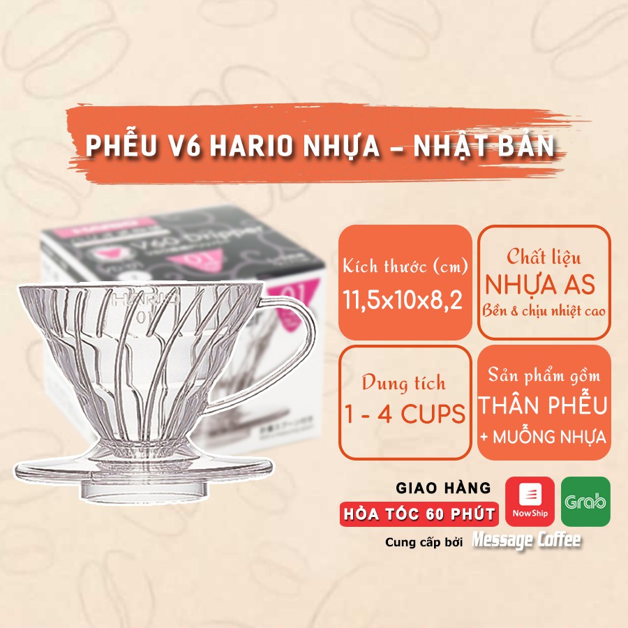 Phễu pha Drip(Pour Over) V60 bằng nhựa trong cao cấp, chịu nhiệt, không ố vàng chắc chắn thương hiệu Hario Nhật Bản