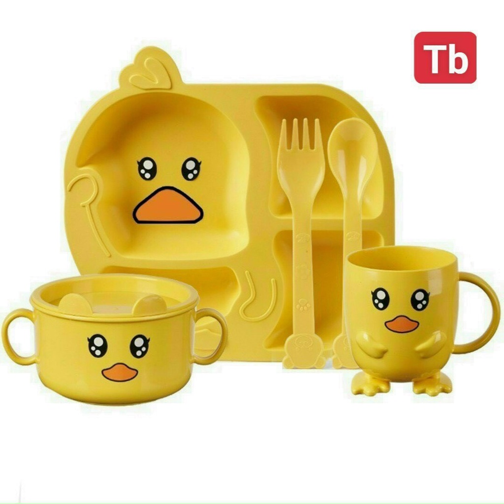 [Hàng mới về] Khay ăn dặm / khay ăn hình vịt vàng kèm thìa dĩa, cố bát cho bé