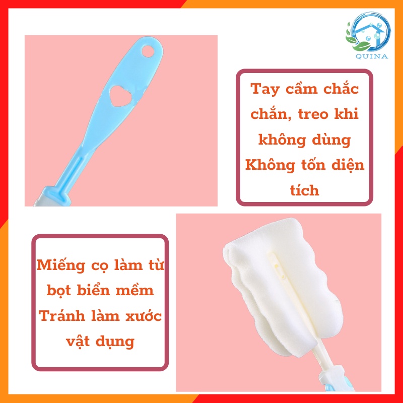 Bộ cọ rửa bình nước mút bọt biển dụng cụ vệ sinh cốc ly siêu sạch khớp nối thông minh tránh gãy QUINA QN032