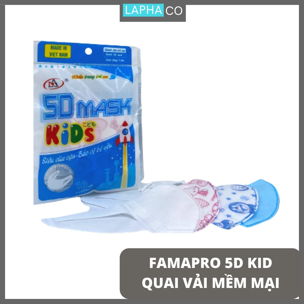 Khẩu trang y tế trẻ em kháng khuẩn 3 lớp Famapro 5D kid quai vải - Túi/Hộp 10 cái