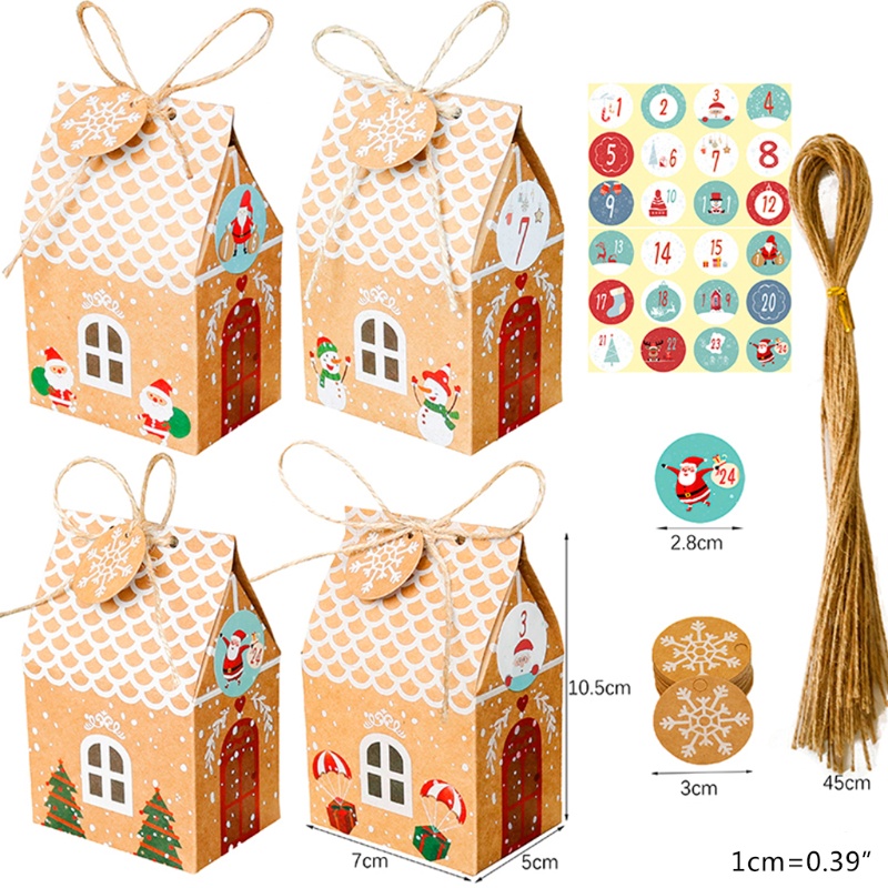 Set 24 bộ hộp đựng bánh kẹo hình ngôi nhà Giáng Sinh có miếng dán lịch mùa vọng 1-24 bằng giấy kraft và dây đay