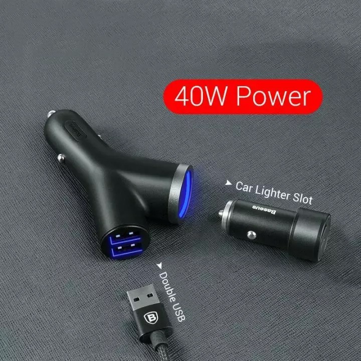 Bộ tẩu sạc Baseus Y Type Dual USB (40W, 3.4A Fast Charge, Intelligent Car charger)  3 in1 dùng cho xe hơi nhỏ gọn