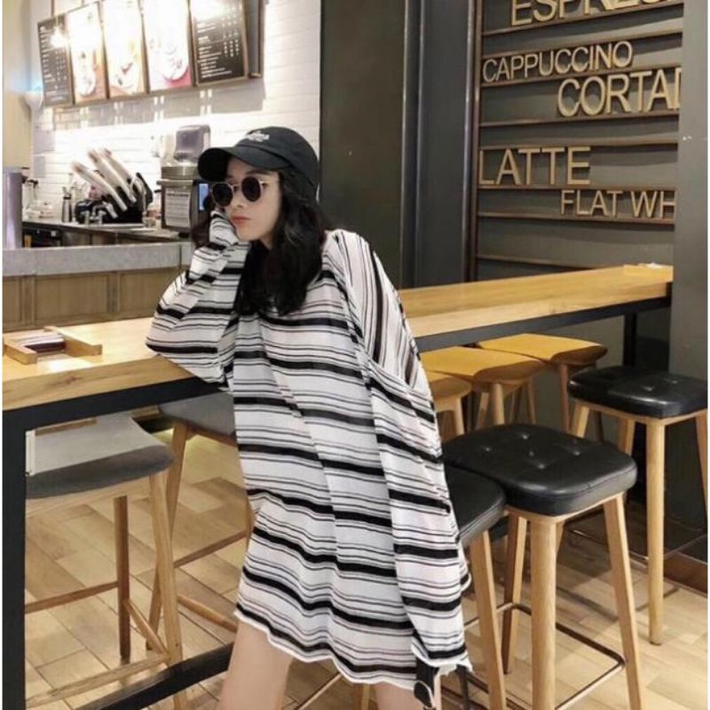 Áo Thu Kẻ Ngang Dài Tay Form Rộng Ulzzang