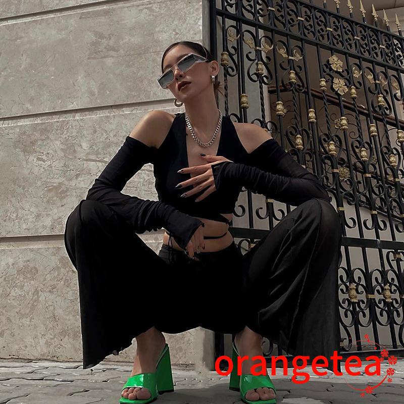 Áo Croptop Tay Dài Cổ Chữ V Màu Sắc Đơn Giản Thời Trang Dành Cho Nữ