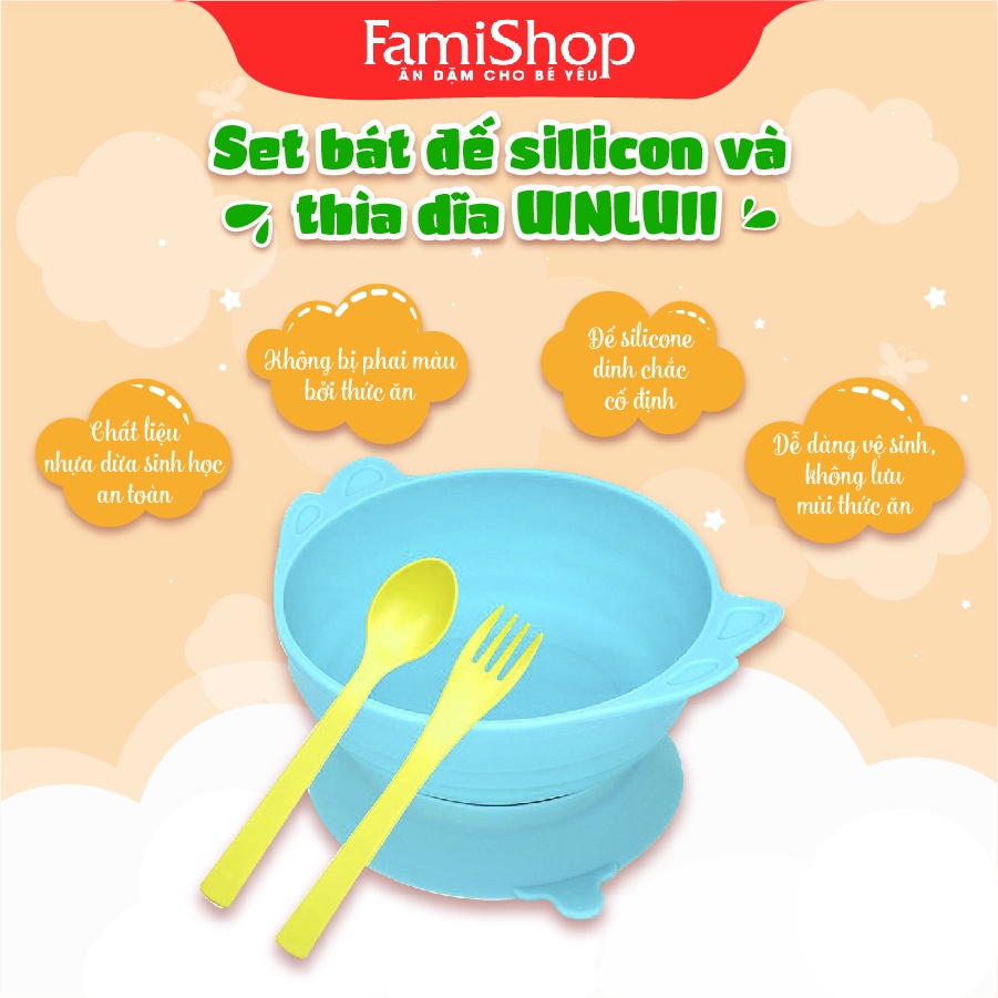 FamiShop Set bát đế sillicon + thìa dĩa UINLUII nhựa dừa sinh học màu Xanh dương