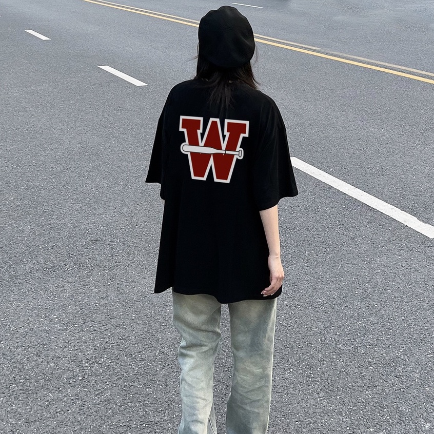 Áo phông rộng nữ W vintage cổ tròn đen áo unisex áo thun tay lỡ 100% cotton