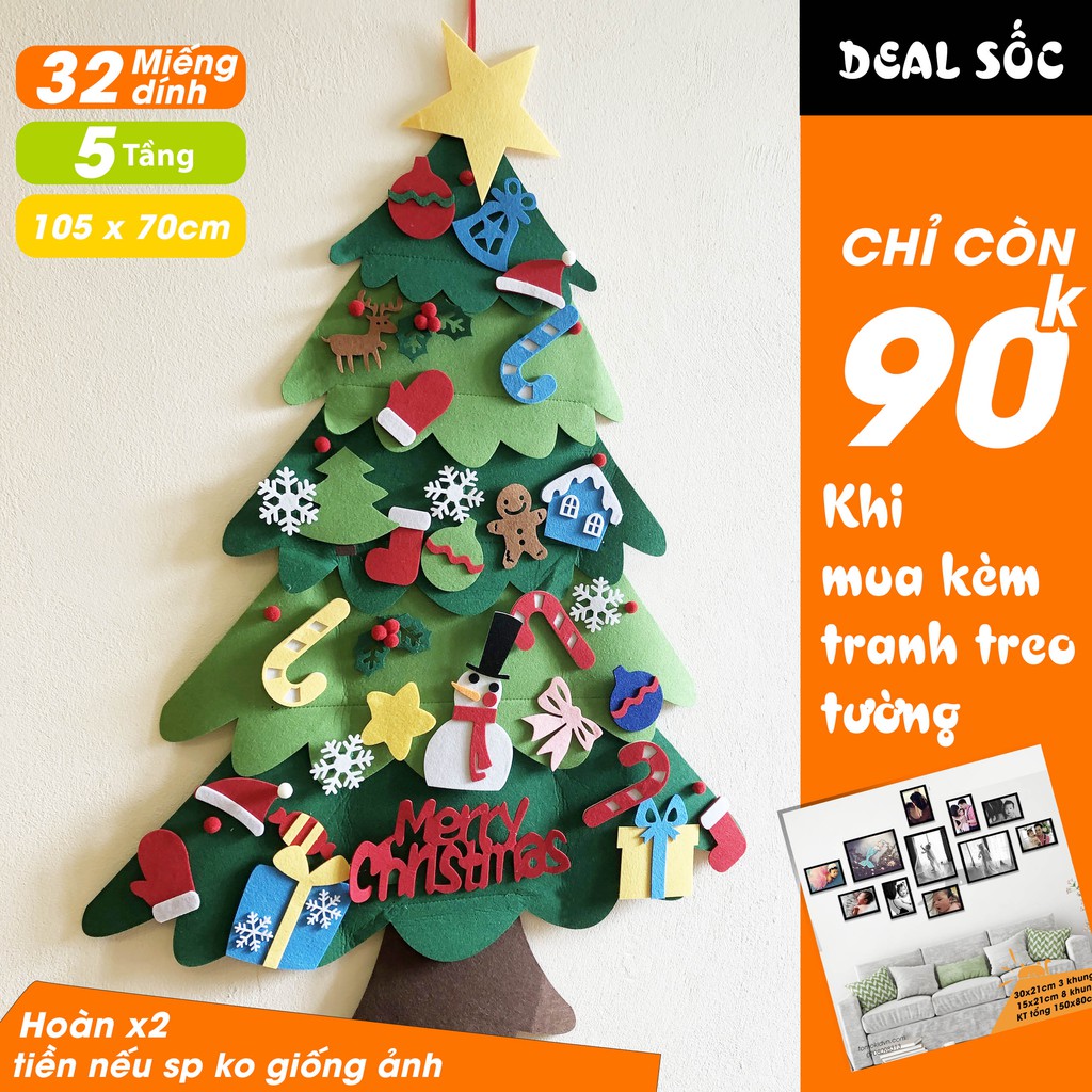 Cây thông noel vải dạ dán dính 5 lớp - 32 phu kien - 105x70cm - kèm đèn