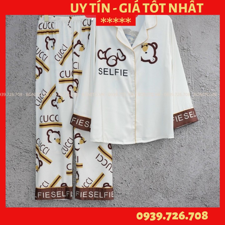 Đồ bộ mặc nhà cao cấp- Bộ đồ ngủ pijama lụa hình con gấu quần dài tay dài cao cấp chất lụa mát rượi hàng đẹp chuẩn