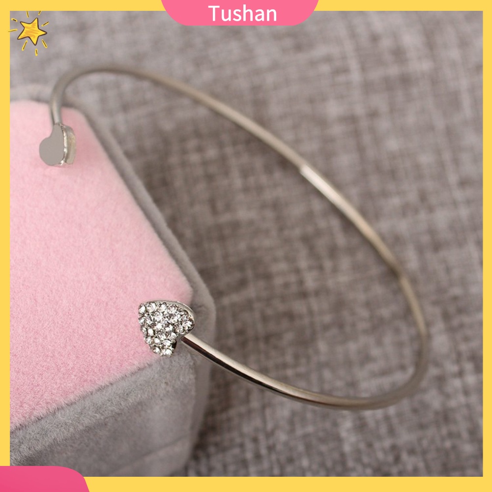 TUSH_Women Double Heart Rhinestone Inlaid Opening Cuff Bracelet Bangle Jewelry Gift