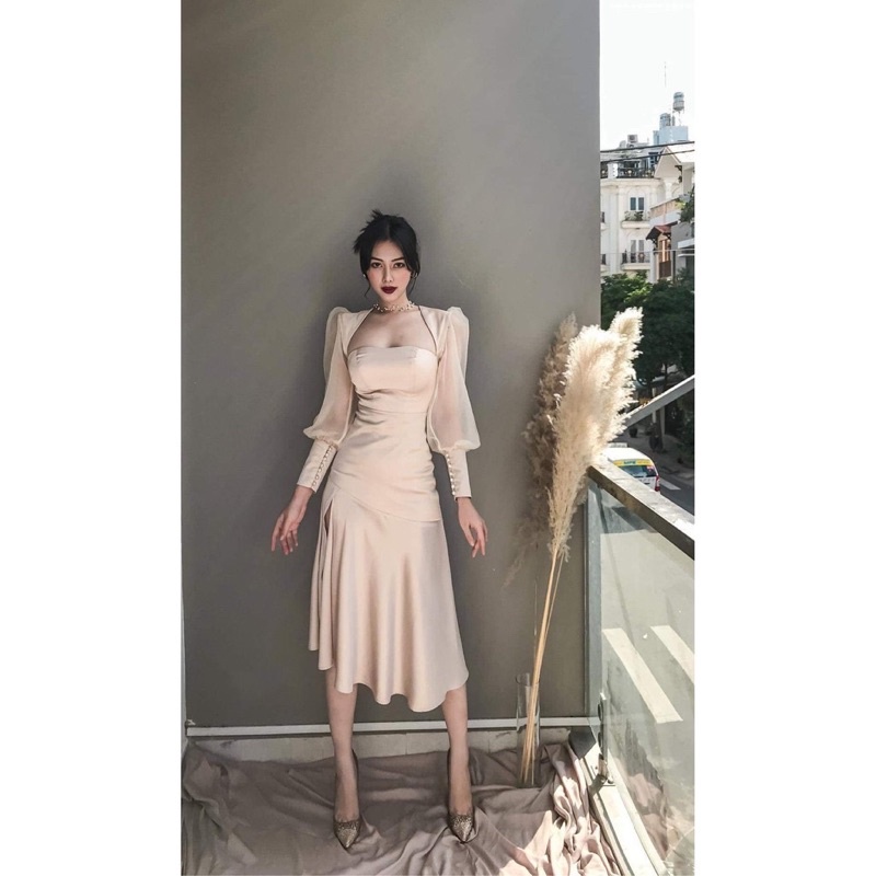 GRACE DRESS - ĐẦM LỤA MAXI XẺ TÀ PHỐI TAY LƯỚI