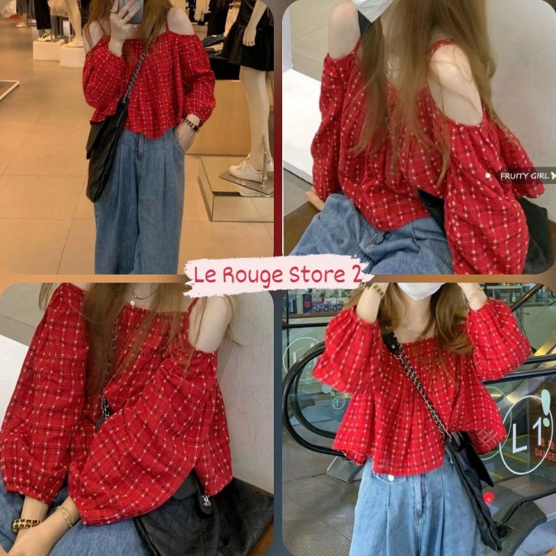 (Order) Áo trễ vai tay chuông dài họa tiết dấu cộng màu đỏ tươi rực rỡ kiểu idol Hàn Quốc có size