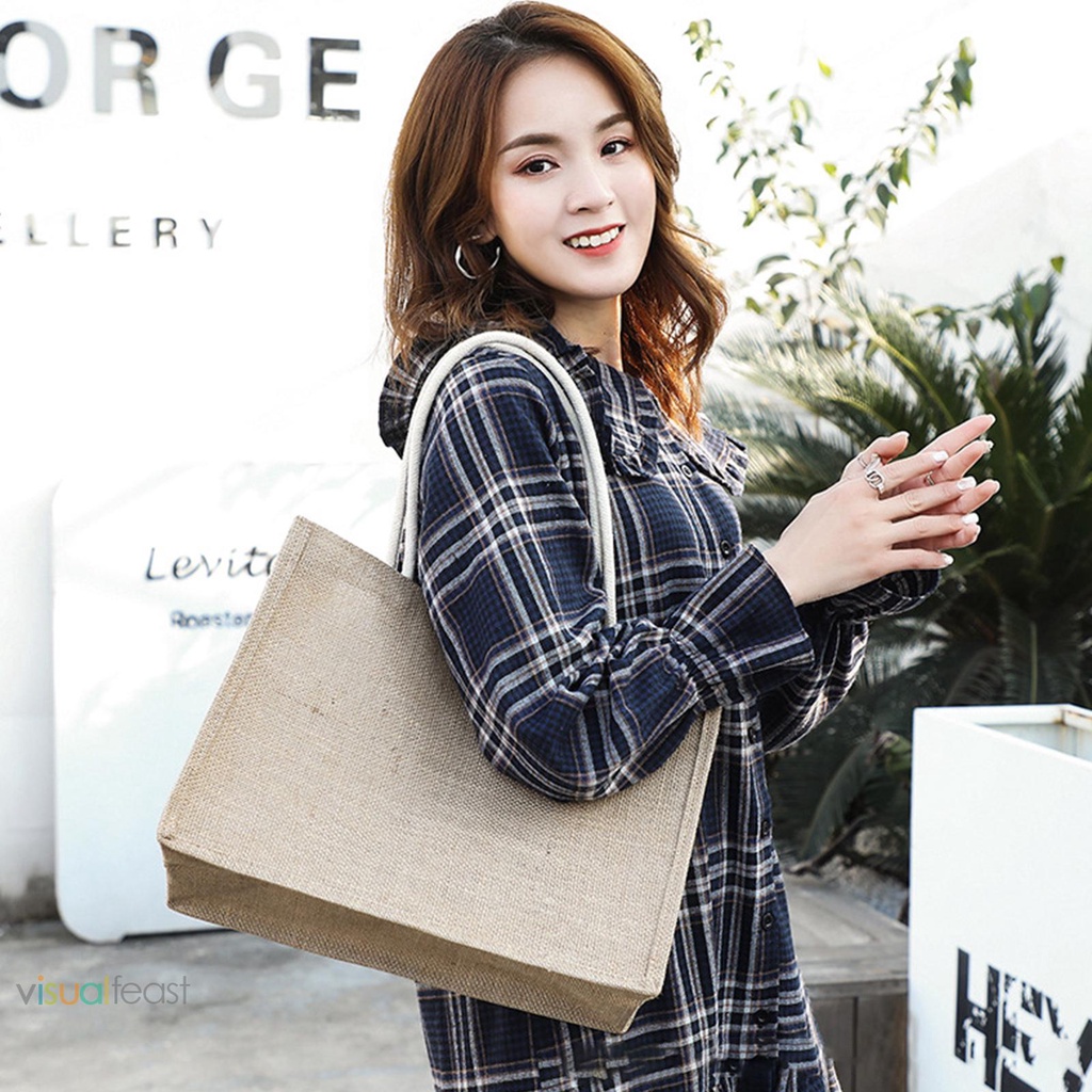 ❤Túi Xách Tay Bằng Vải Sợi Đay Dùng Đi Mua Sắm Có Tay Cầm