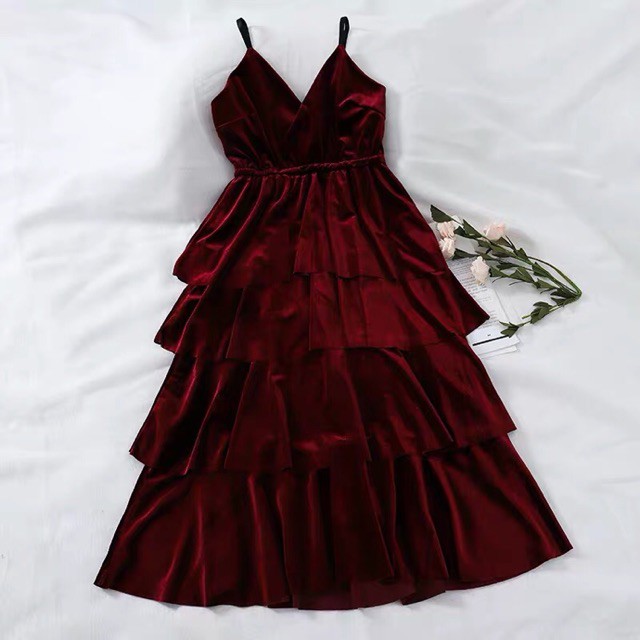 [Mã WASTMINI giảm 10% tối đa 30K đơn 150K] Váy Nhung 2 Dây Xoè 4 Tầng Sang Chảnh - Có ảnh thật (ORDER)