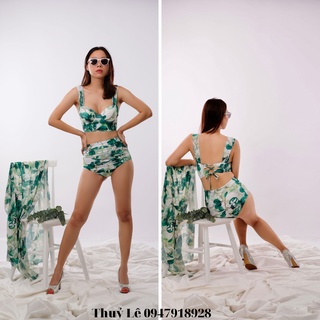 Bikini hai mảnh lá xanh HOT TREND, ôm sát body, tôn dáng, kèm khăn voan xinh xinh