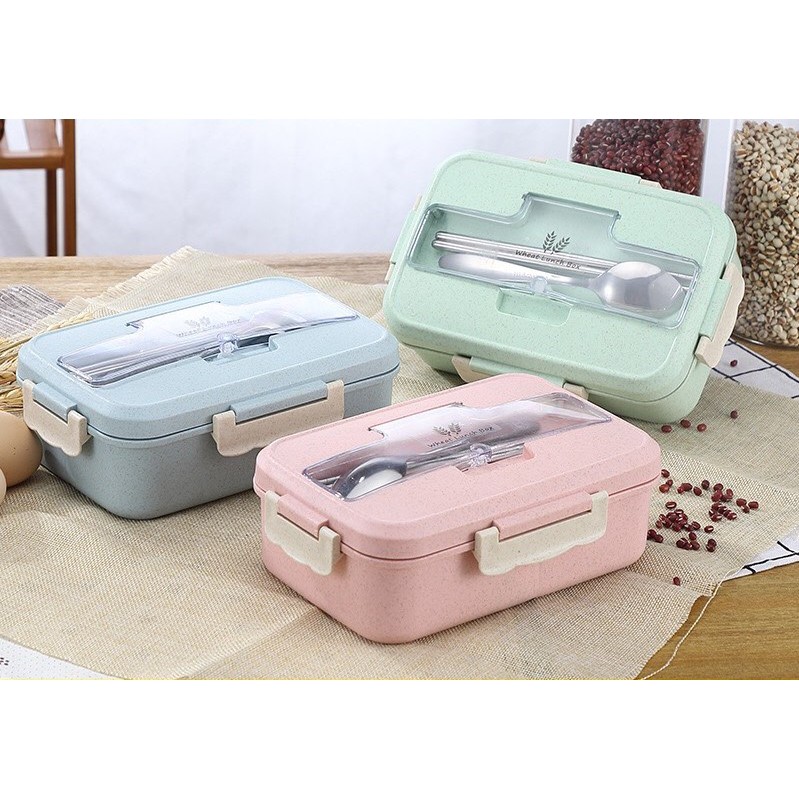 Hộp Đựng Cơm Lúa Mạch 3 Ngăn kèm đũa thìa inox | BigBuy360 - bigbuy360.vn