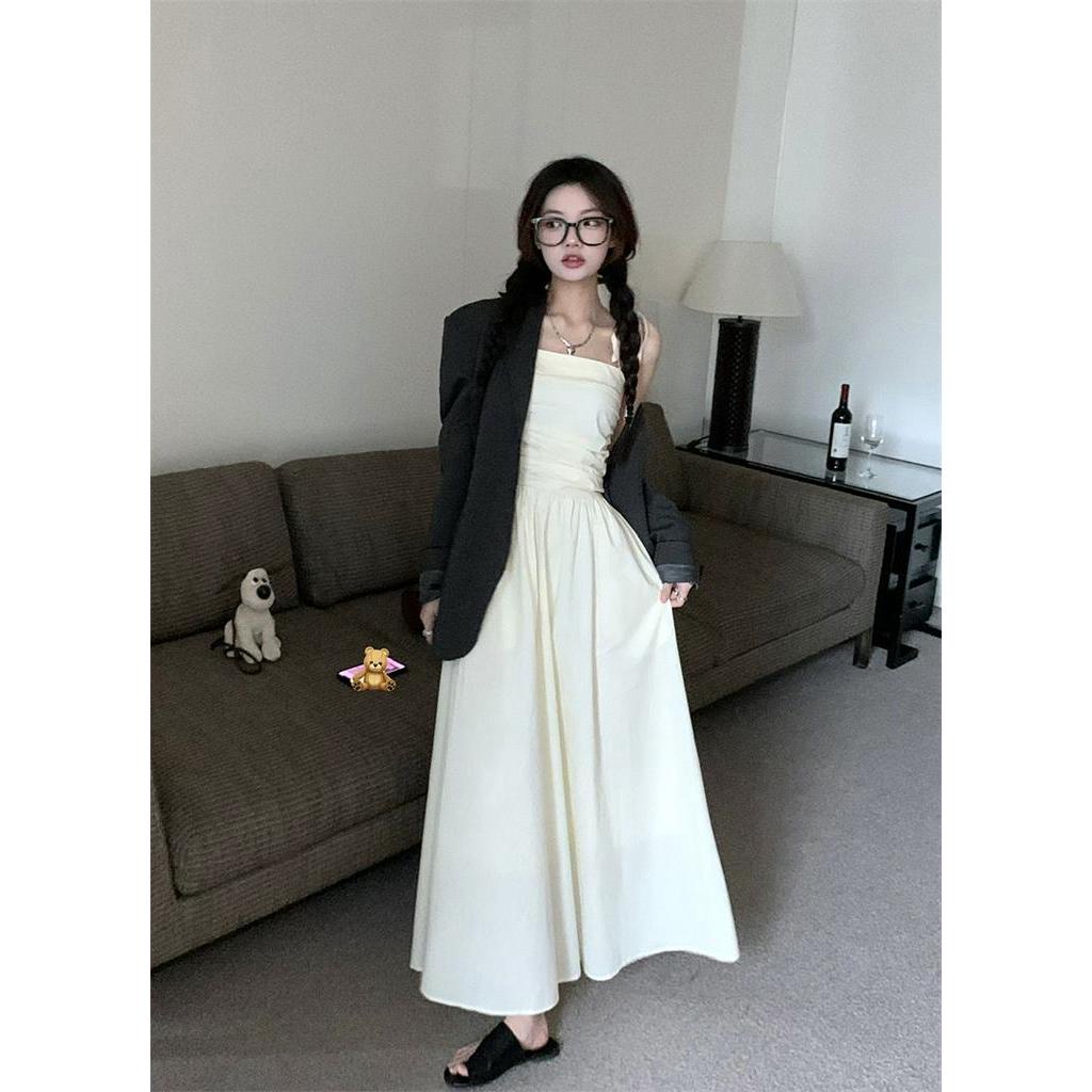 Đầm Hai Dây Xếp Ly Màu Xám Đậm Thời Trang Mùa Hè Pháp 63585