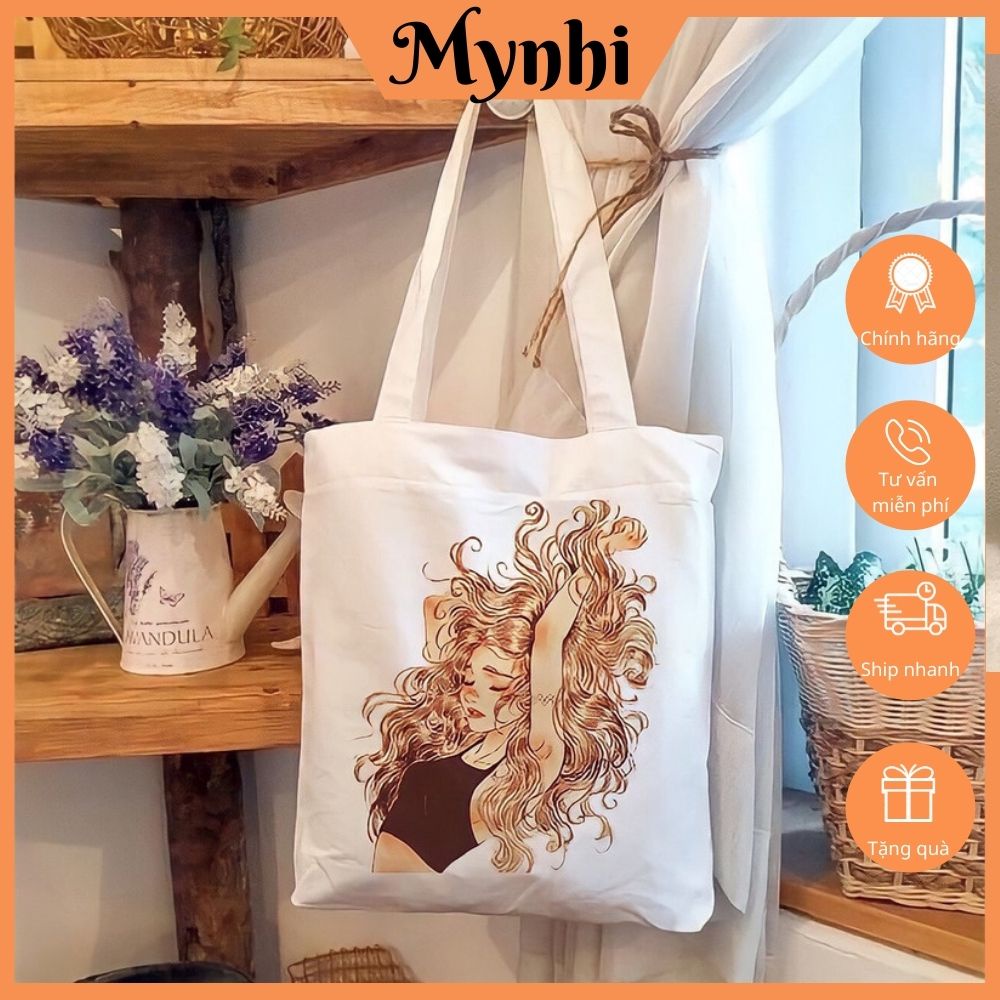 Túi tote túi vải canvas phong cách Hàn Quốc hoạ tiết cô gái và hoa đáng yêu SHOPMYNHI SMN249