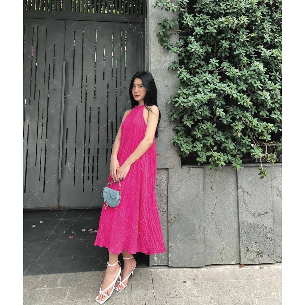 [Mã G5SHOP30 giảm 30K đơn 47K]Đầm Nữ Cổ yếm cài cúc ngọc giọt lệ , Váy đũi thái xốp nhắn mặc dự tiệt tiểu thư xinh maxi