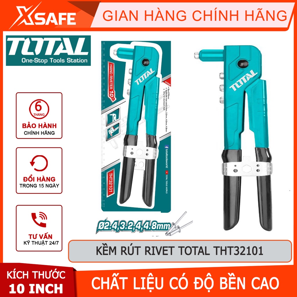 Kềm rút rivet TOTAL THT32101 Kìm rút đinh tán chiều dài 260mm, 10&quot;, đầu kềm gồm các size 2.4mm, 3.2mm, 4mm, 4.8mm