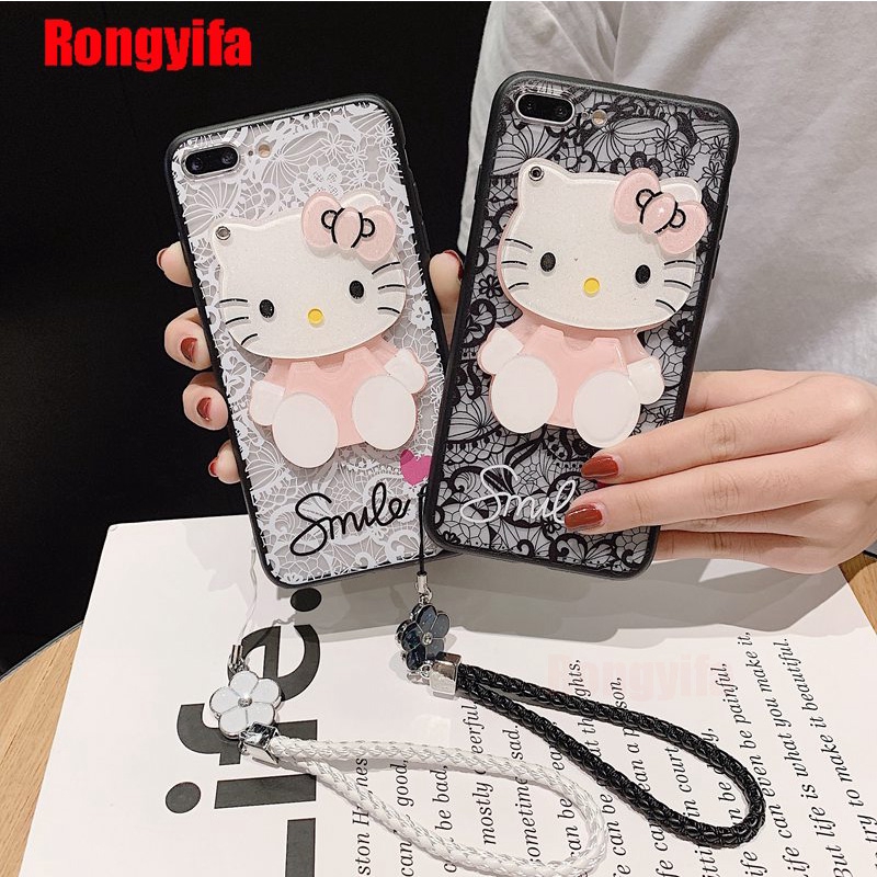 OPPO A9 A5 2020 Reno2 Reno 2F Z Realme 5i 5s 5 3 Pro C3 C2 A1K Phone Case Hello Kitty Mirror Lace Luxury Vintage Strap Case Cover