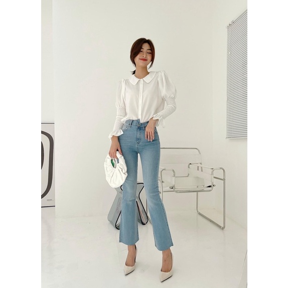 Quần Jean Nữ ống Loe đai lệch lưng cạp cao chất jean dày dặn co giãn thoải mái phom 9 tấc tôn dáng