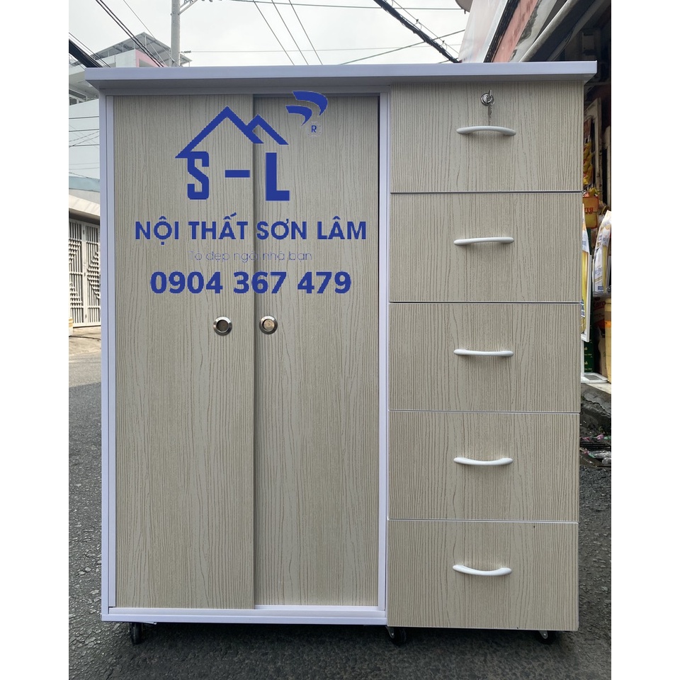 Tủ nhựa 2 cửa lùa 5 hộc kéo vân gỗ ngang 1m06 x cao 1m25