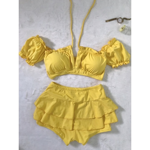 Đồ bơi nữ bikini 2 mảnh áo croptop tay bồng trễ vai phối quần chân váy bồng 2 tầng nhiều màu đi biển đẹp | BigBuy360 - bigbuy360.vn