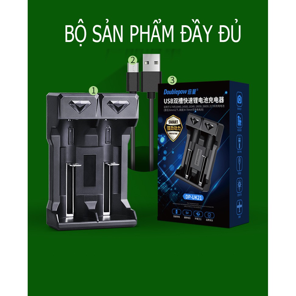 Bộ sạc Pin Lithium 3,7V thông minh Doublepow 2 khe sạc - sạc pin 18650 26650 21700 10440 16340 - UK21 (