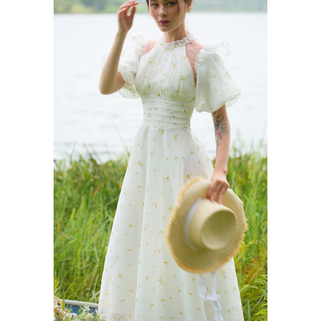 SÒ VINTAGE - DAISY Váy maxi hoa tay phồng phối lưới