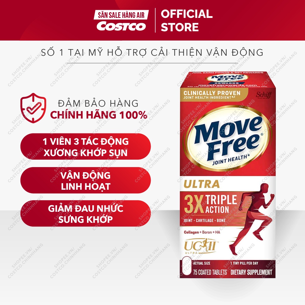 Viên uống hỗ trợ vận động, cải thiện xương khớp Move Free Ultra Triple Action 75 viên Của Costco Mỹ